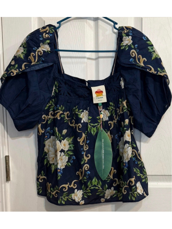 Farm Rio Tops - Farm Rio Navy Blue Floral Richelieu Puff
Sleeve Blouse
